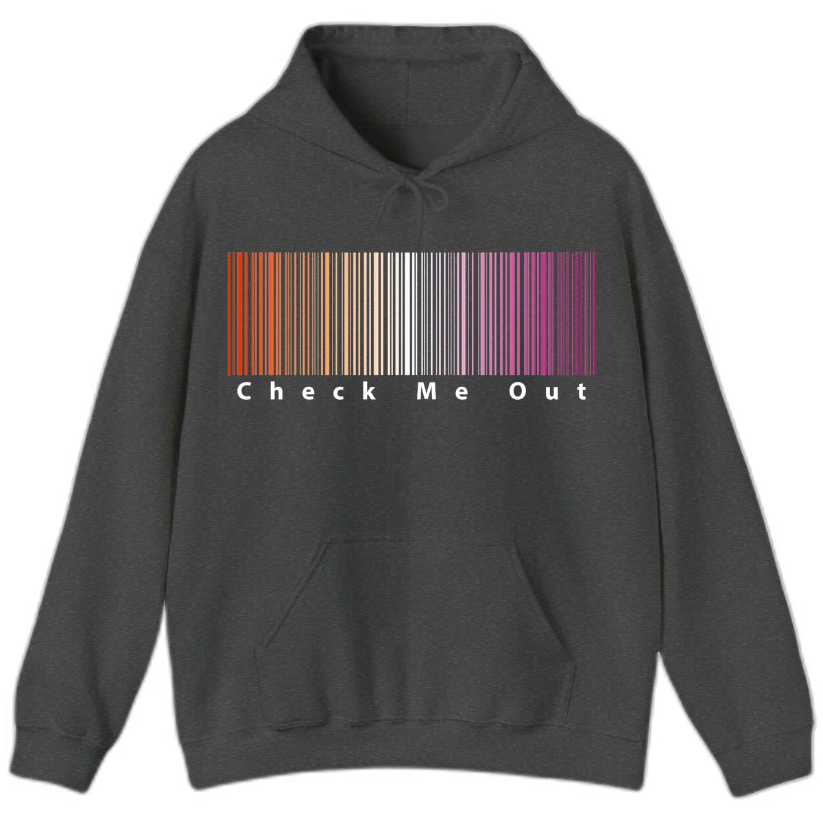 Check me out pride design with vertical rainbow gradient stripes transitioning from red to magenta with bold white text in Dark Heather