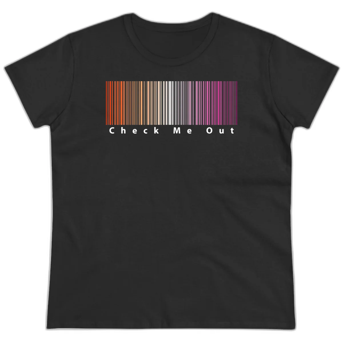 Check me out pride design with vertical rainbow gradient stripes transitioning from red to magenta with bold white text in Black
