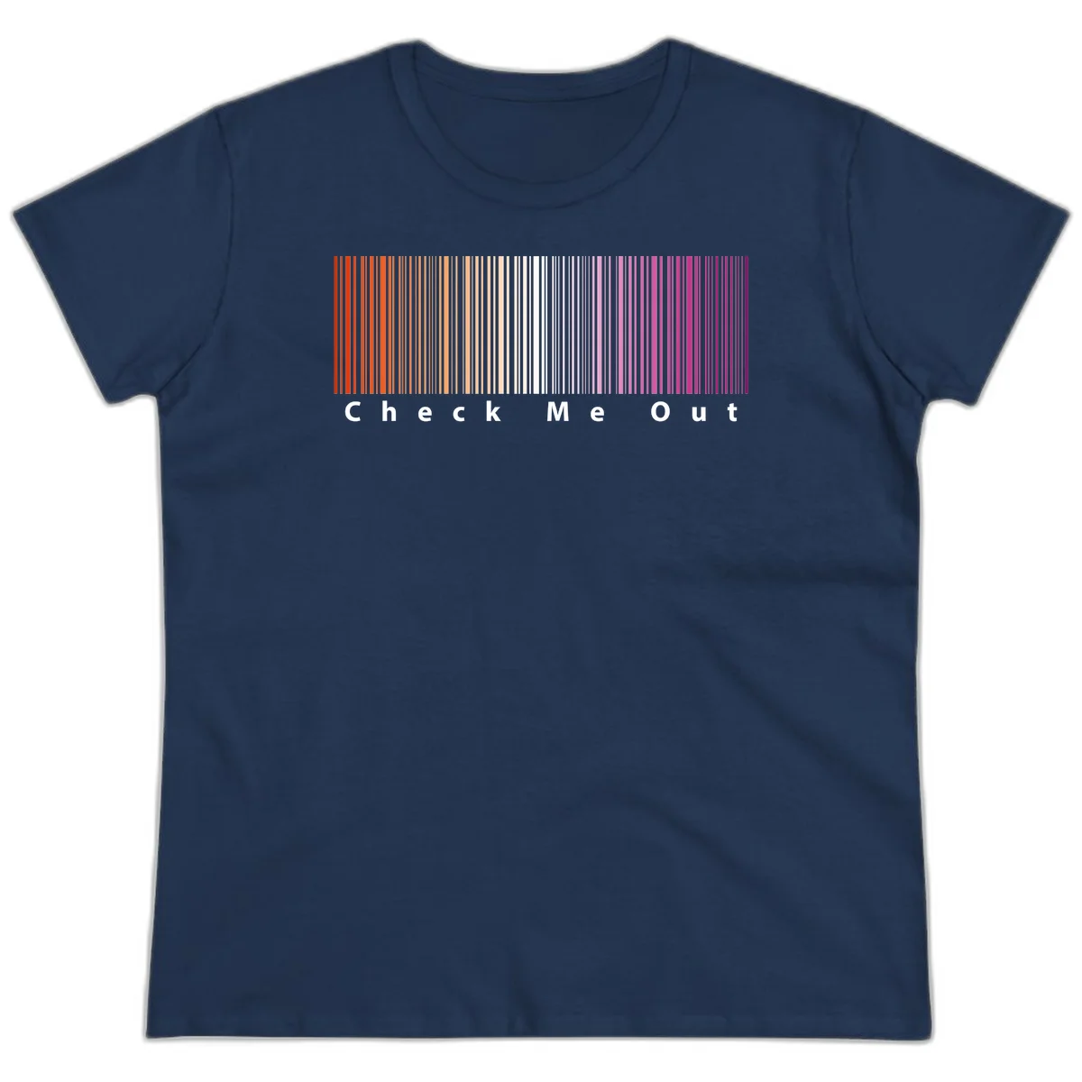 Check me out pride design with vertical rainbow gradient stripes transitioning from red to magenta with bold white text in Navy