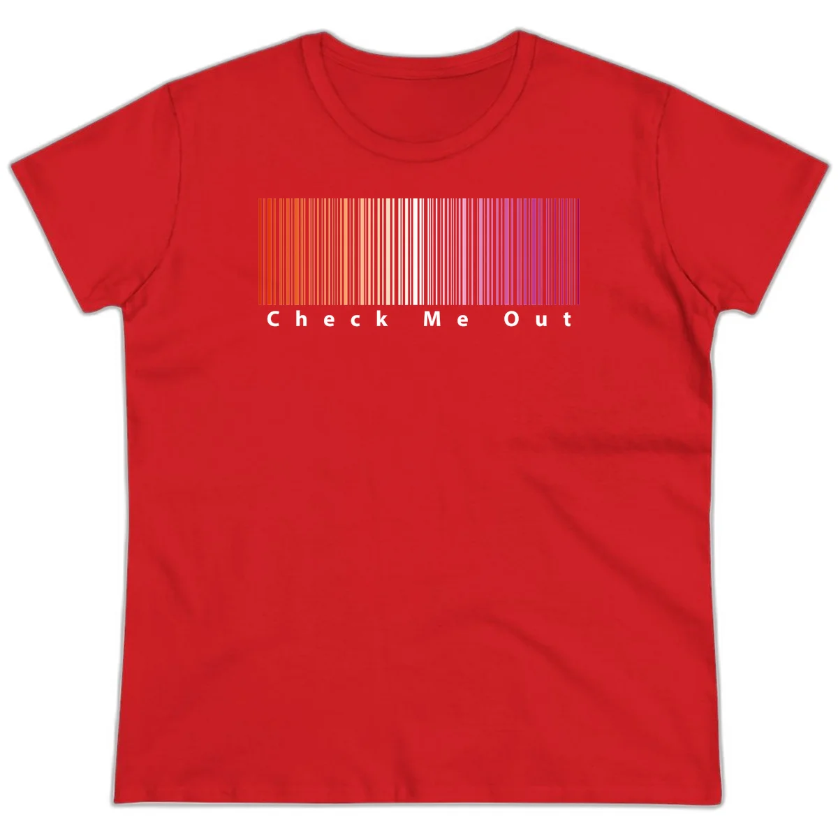Check me out pride design with vertical rainbow gradient stripes transitioning from red to magenta with bold white text in Red