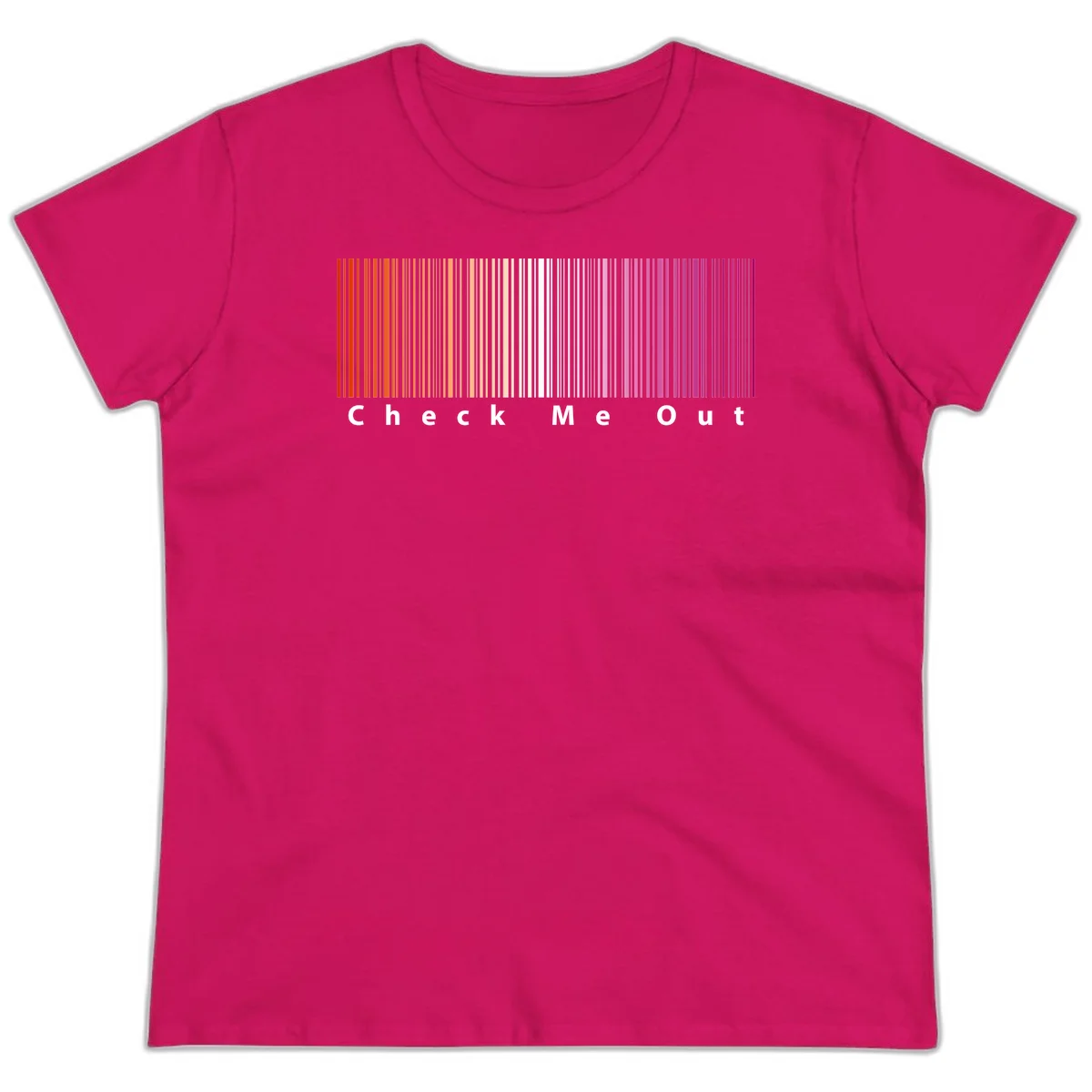Check me out pride design with vertical rainbow gradient stripes transitioning from red to magenta with bold white text in Heliconia
