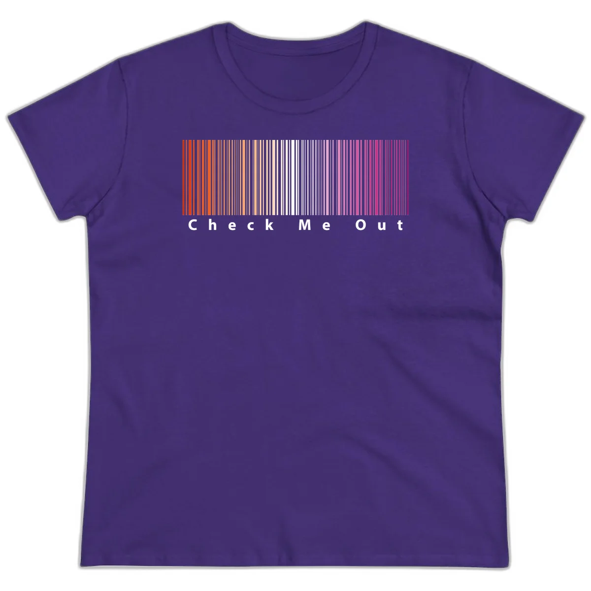 Check me out pride design with vertical rainbow gradient stripes transitioning from red to magenta with bold white text in Purple