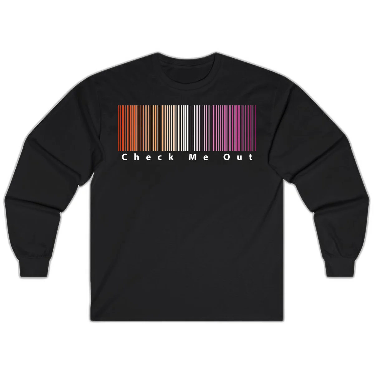 Check me out pride design with vertical rainbow gradient stripes transitioning from red to magenta with bold white text in Black