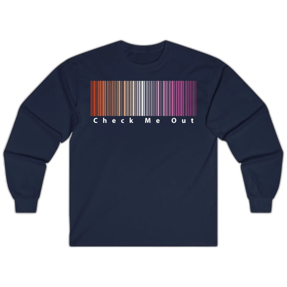 Check me out pride design with vertical rainbow gradient stripes transitioning from red to magenta with bold white text in Navy