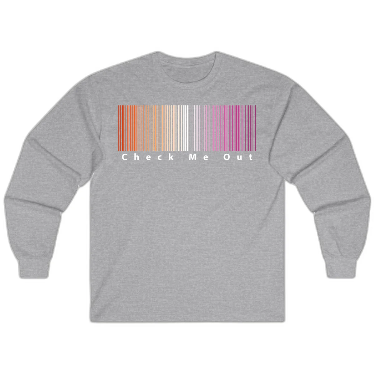 Check me out pride design with vertical rainbow gradient stripes transitioning from red to magenta with bold white text in Sport Grey
