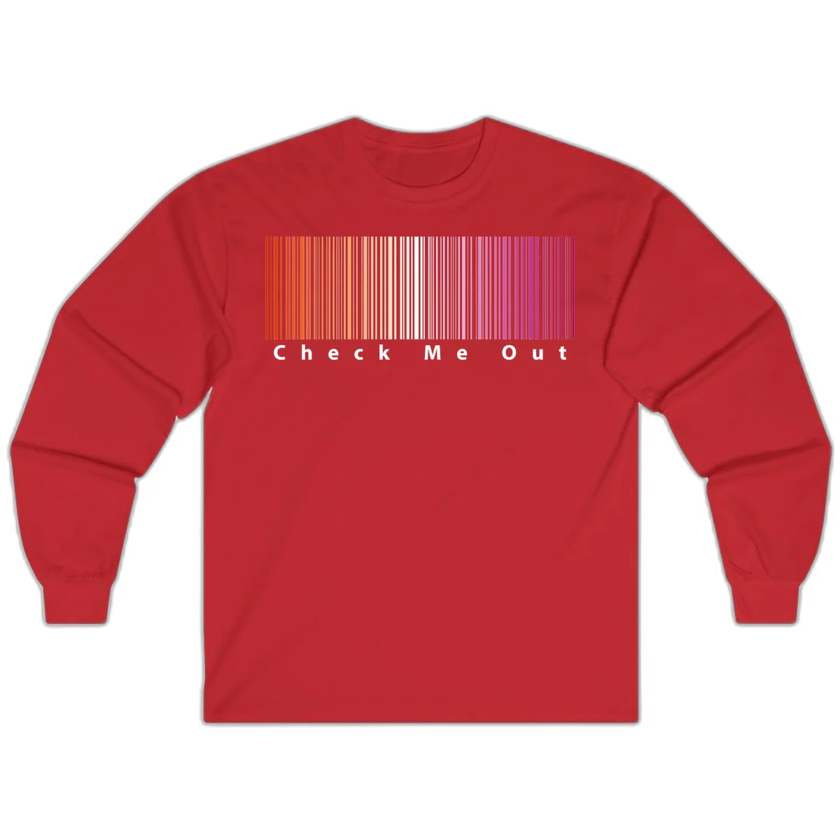 Check me out pride design with vertical rainbow gradient stripes transitioning from red to magenta with bold white text in Red