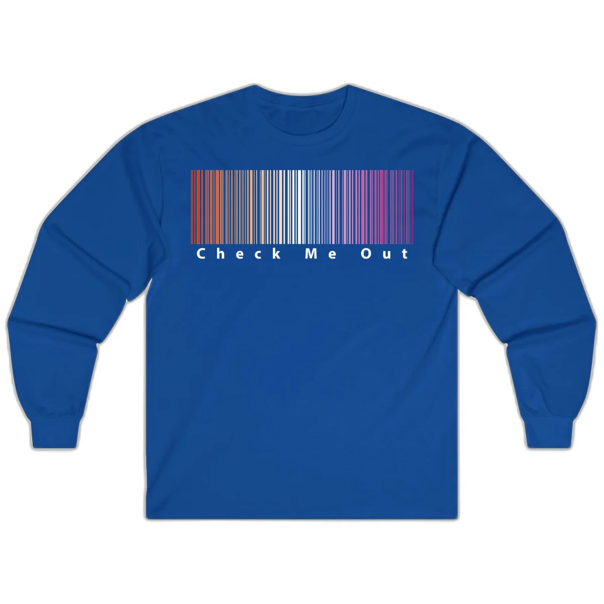 Check me out pride design with vertical rainbow gradient stripes transitioning from red to magenta with bold white text in Royal