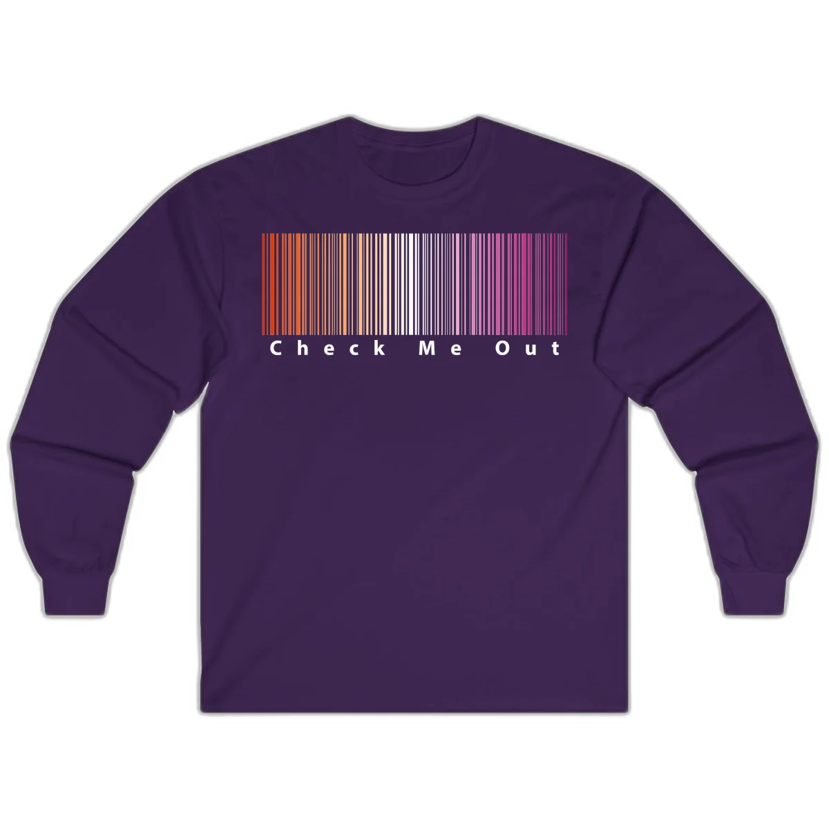 Check me out pride design with vertical rainbow gradient stripes transitioning from red to magenta with bold white text in Purple