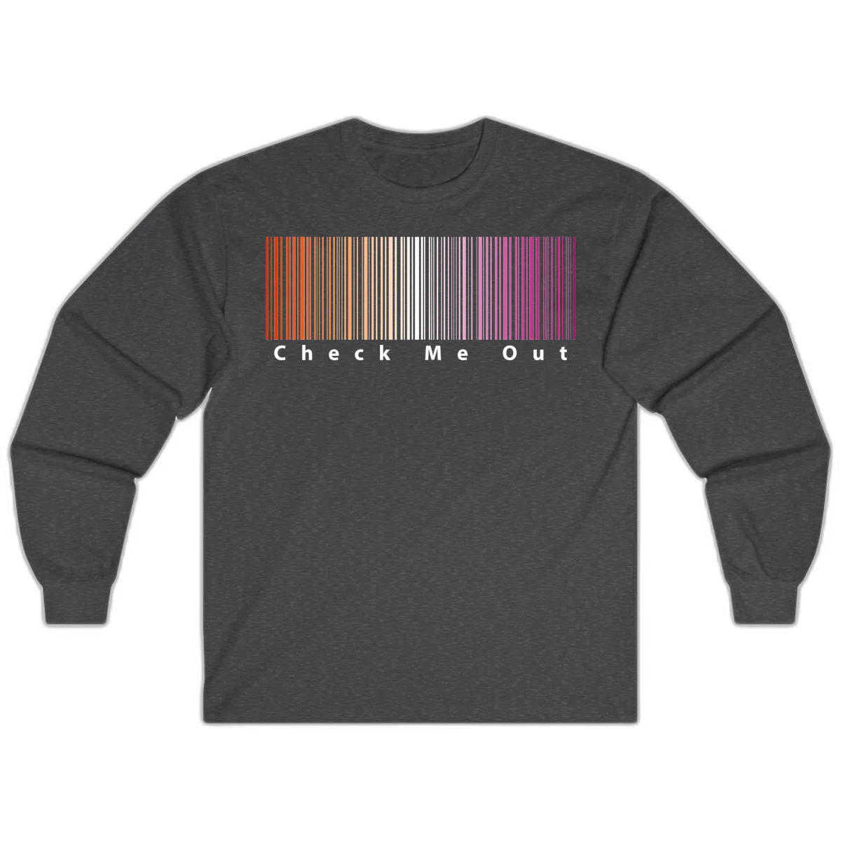 Check me out pride design with vertical rainbow gradient stripes transitioning from red to magenta with bold white text in Dark Heather