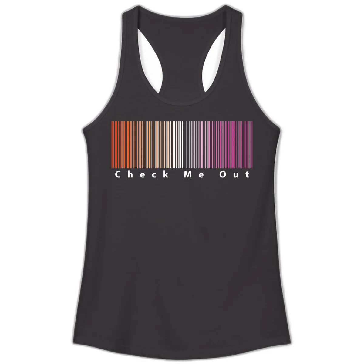 Check me out pride design with vertical rainbow gradient stripes transitioning from red to magenta with bold white text in Black