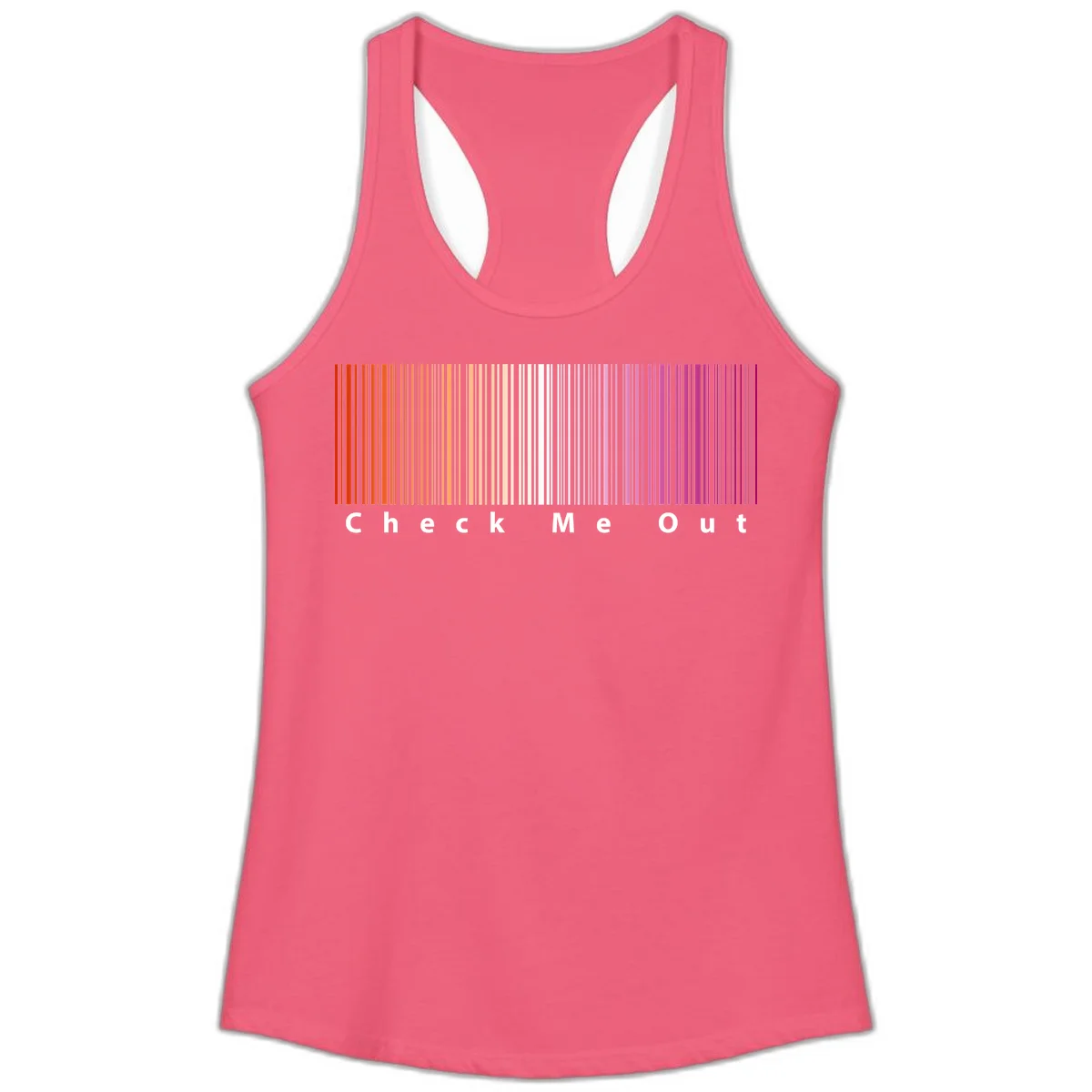 Check me out pride design with vertical rainbow gradient stripes transitioning from red to magenta with bold white text in Hot Pink