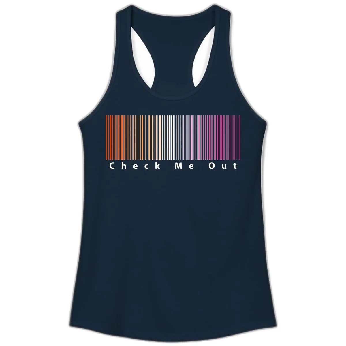 Check me out pride design with vertical rainbow gradient stripes transitioning from red to magenta with bold white text in Solid Midnight Navy