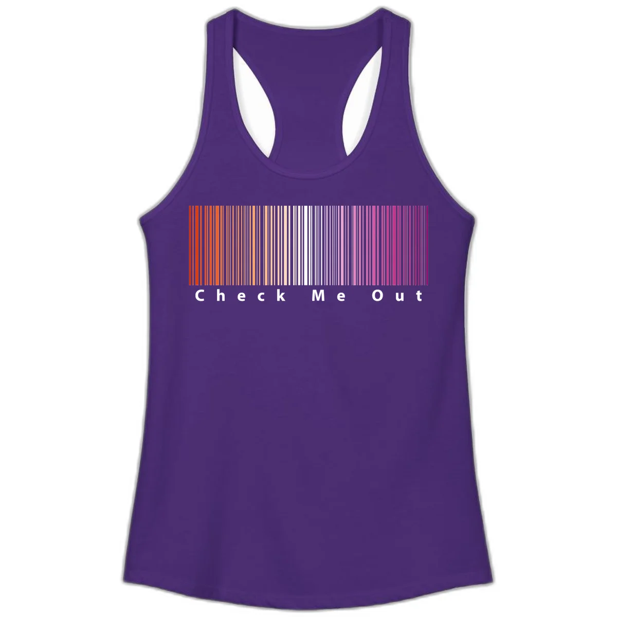 Check me out pride design with vertical rainbow gradient stripes transitioning from red to magenta with bold white text in Solid Purple Rush