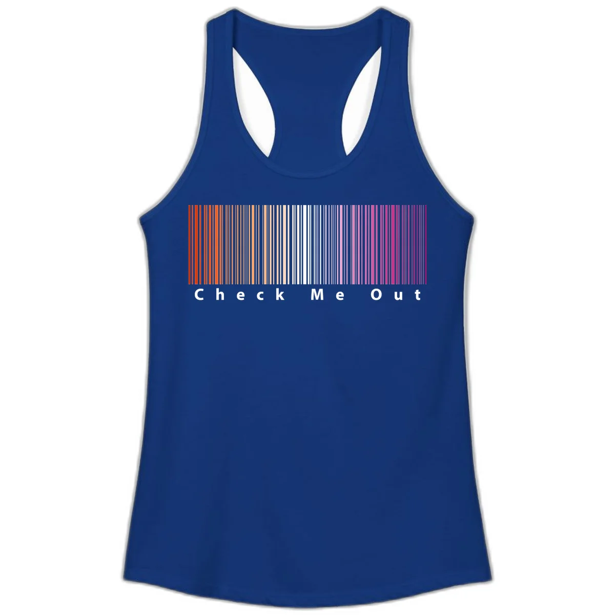 Check me out pride design with vertical rainbow gradient stripes transitioning from red to magenta with bold white text in Solid Royal