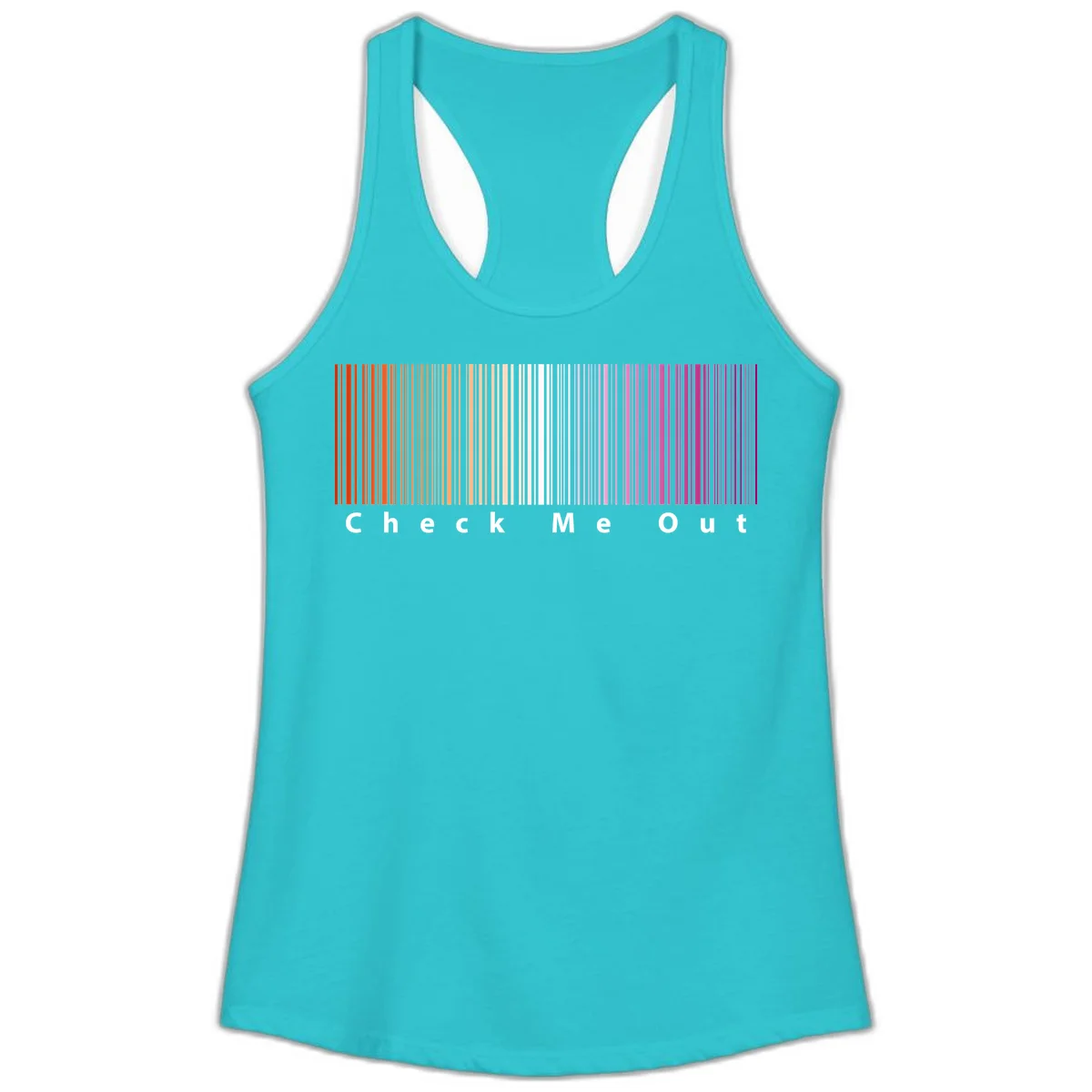 Check me out pride design with vertical rainbow gradient stripes transitioning from red to magenta with bold white text in Solid Tahiti Blue