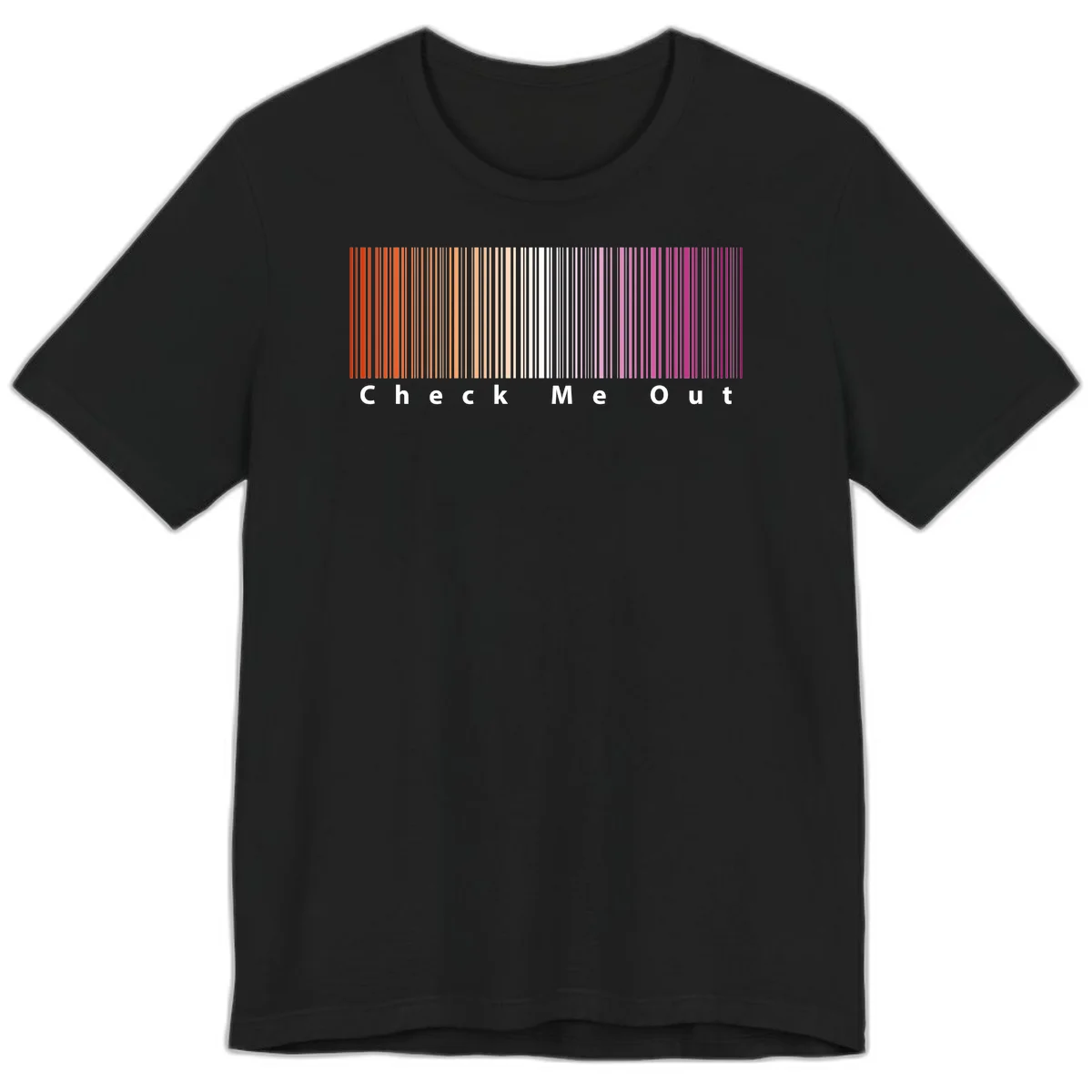 Check me out pride design with vertical rainbow gradient stripes transitioning from red to magenta with bold white text in Black