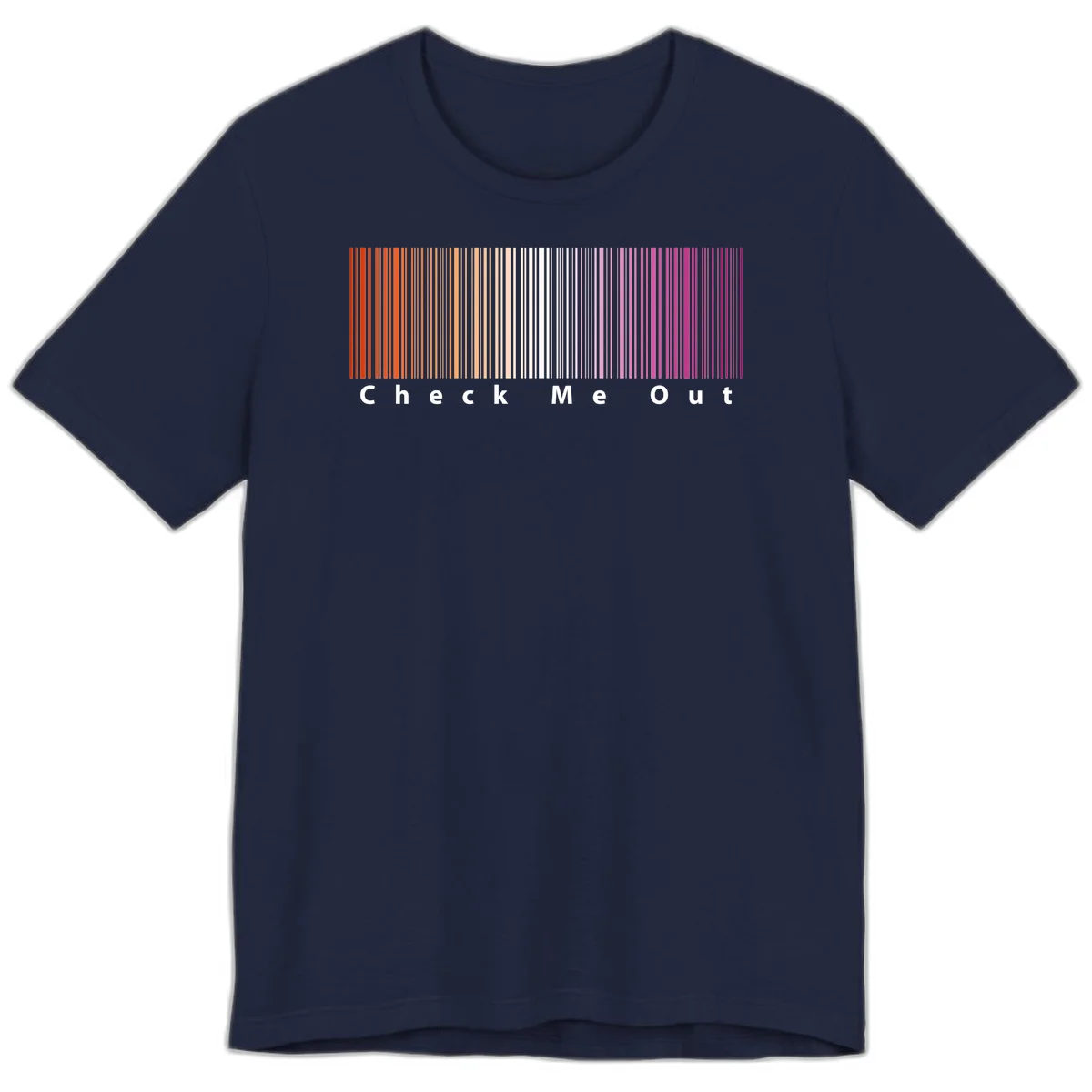 Check me out pride design with vertical rainbow gradient stripes transitioning from red to magenta with bold white text in Navy