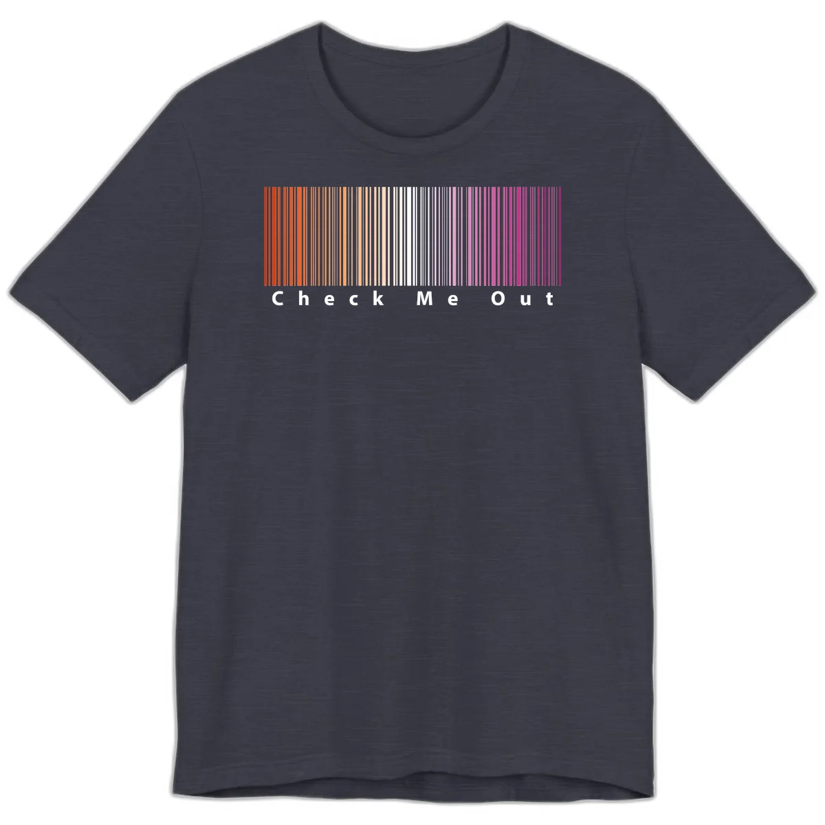 Check me out pride design with vertical rainbow gradient stripes transitioning from red to magenta with bold white text in Heather Midnight Navy