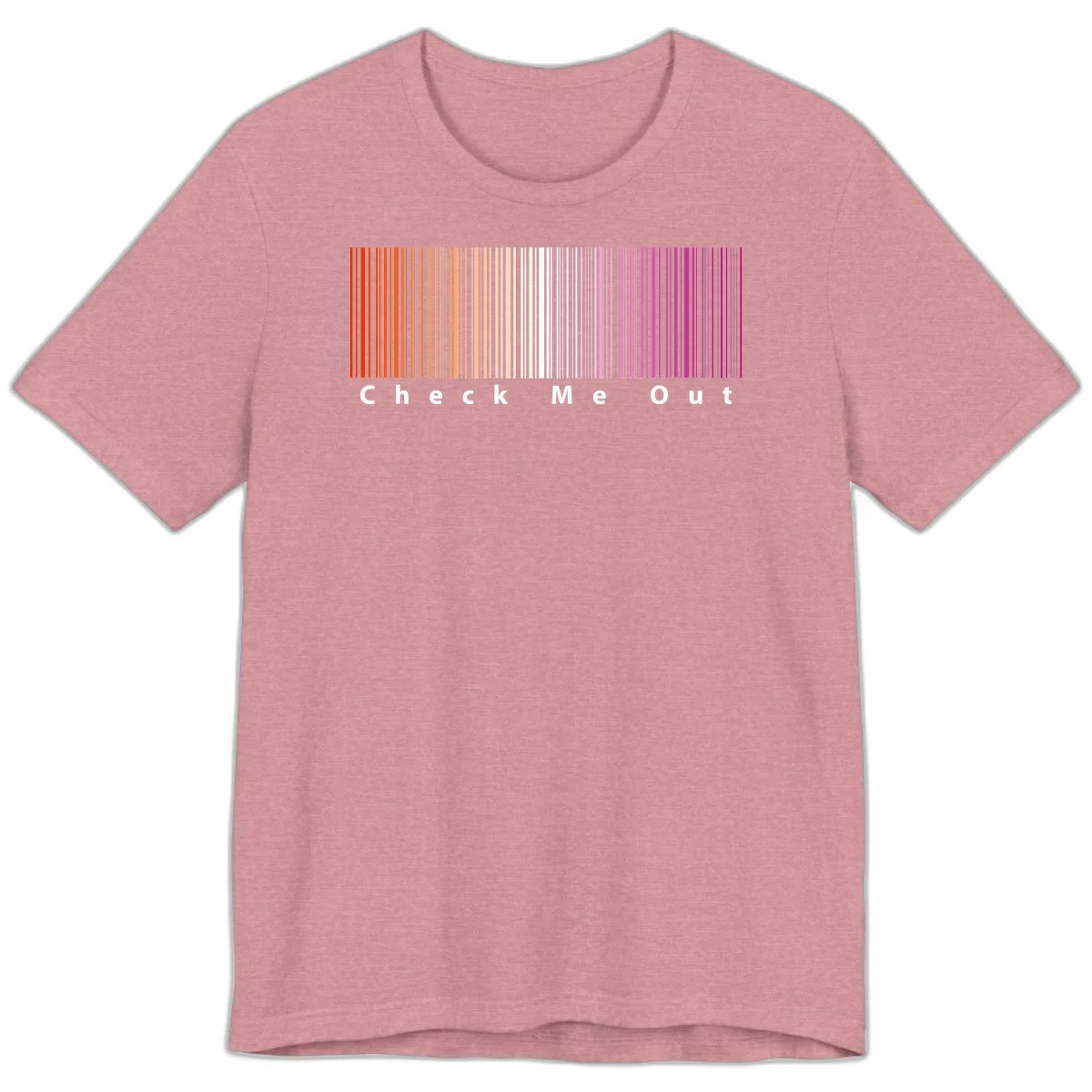 Check me out pride design with vertical rainbow gradient stripes transitioning from red to magenta with bold white text in Heather Orchid