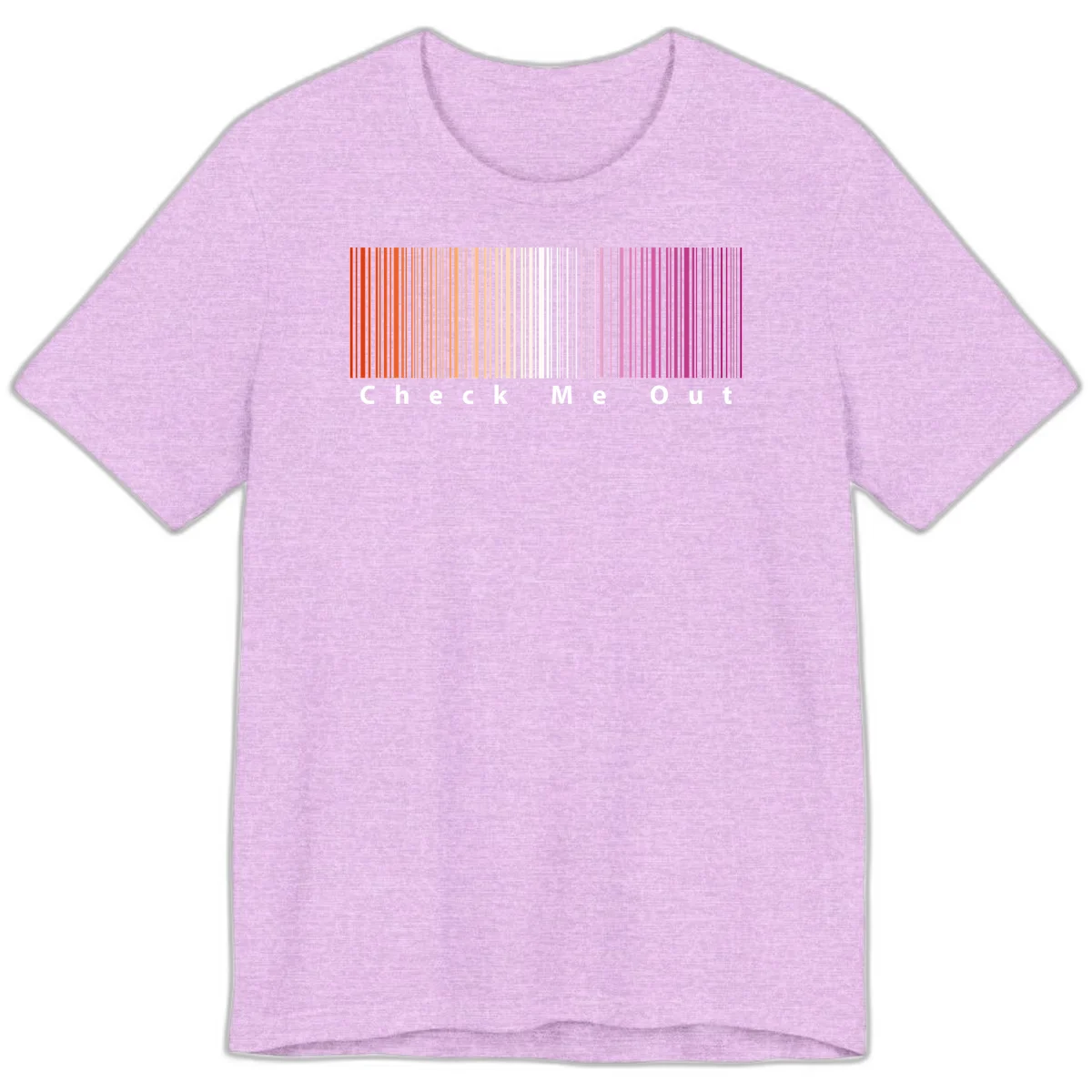 Check me out pride design with vertical rainbow gradient stripes transitioning from red to magenta with bold white text in Heather Prism Lilac