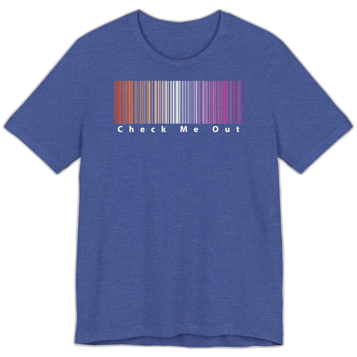 Check me out pride design with vertical rainbow gradient stripes transitioning from red to magenta with bold white text in Heather True Royal