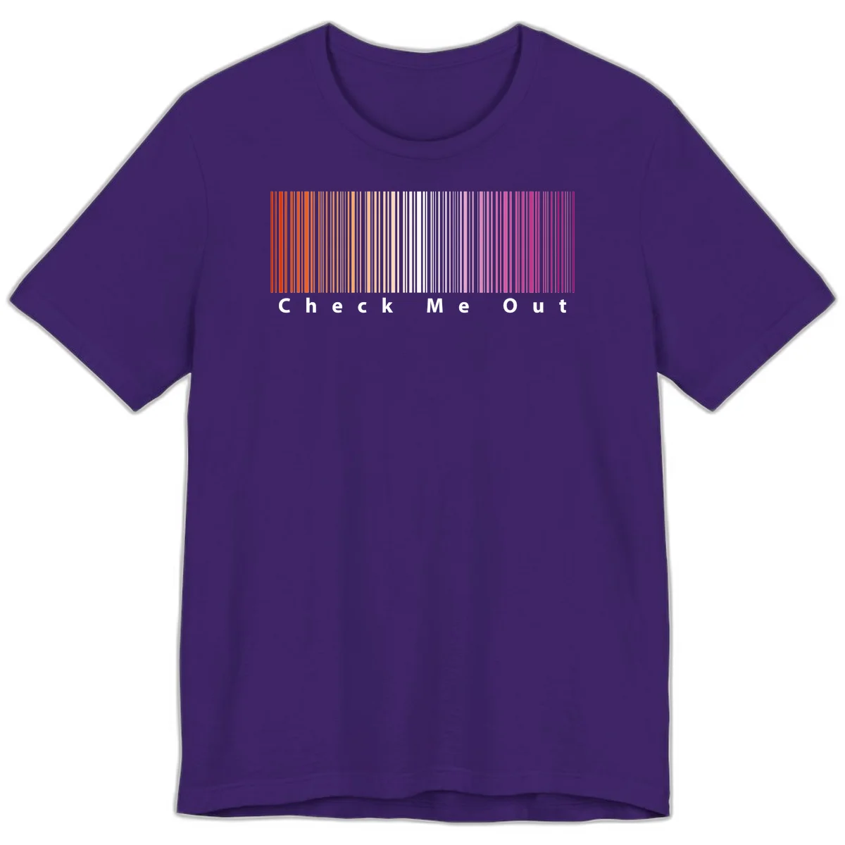 Check me out pride design with vertical rainbow gradient stripes transitioning from red to magenta with bold white text in Team Purple
