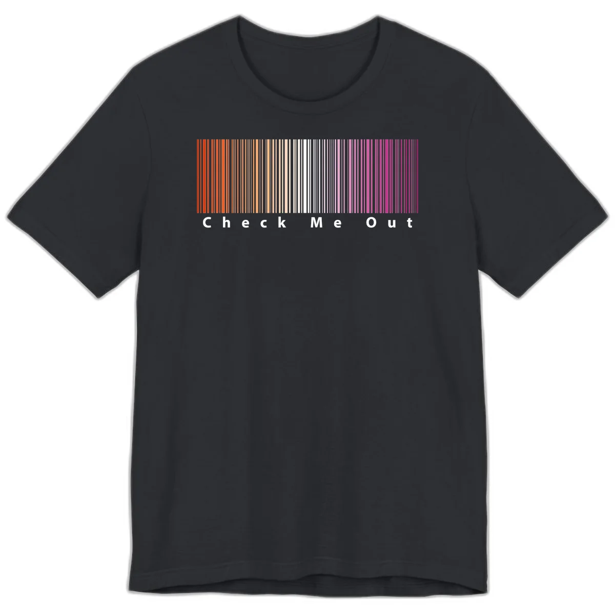 Check me out pride design with vertical rainbow gradient stripes transitioning from red to magenta with bold white text in Vintage Black