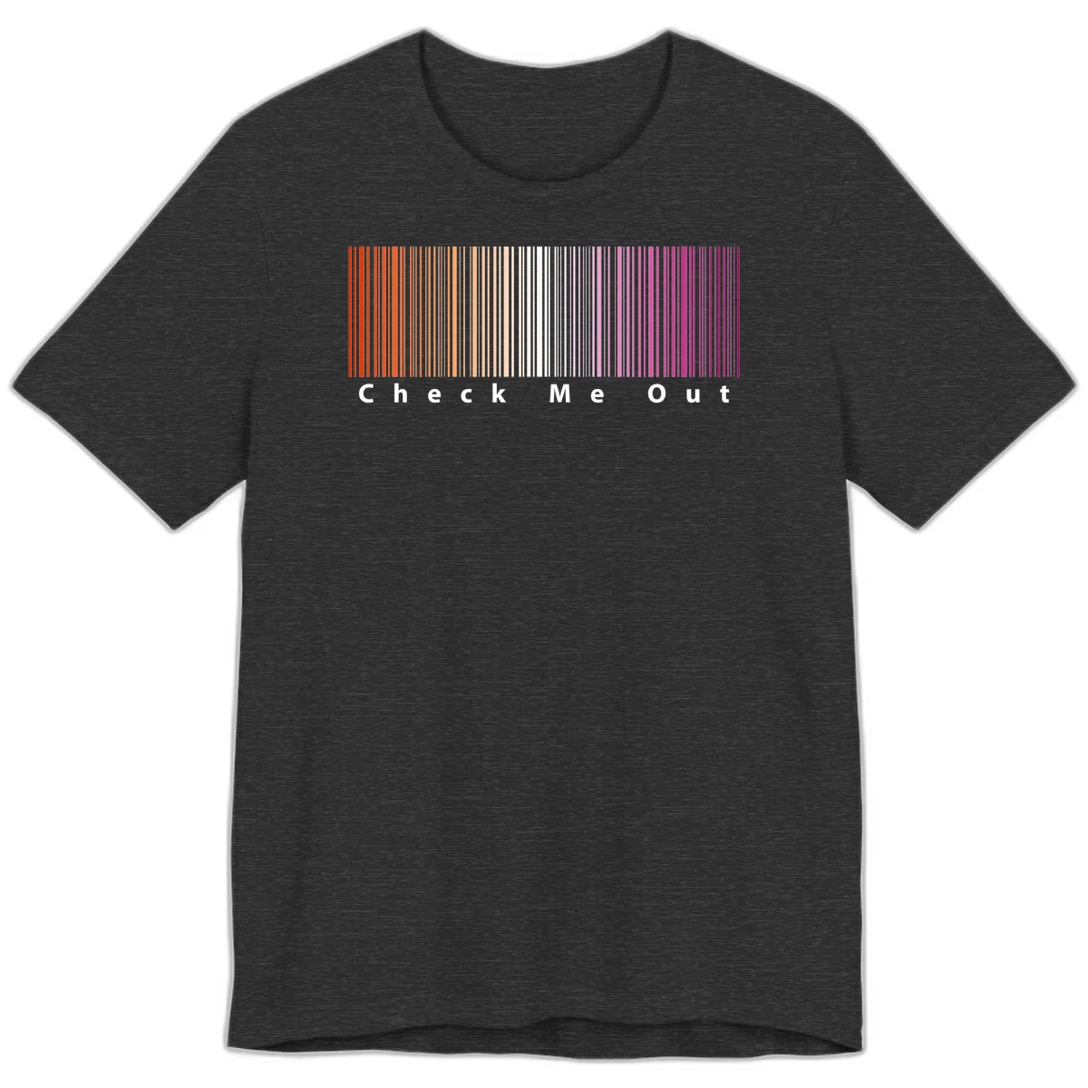 Check me out pride design with vertical rainbow gradient stripes transitioning from red to magenta with bold white text in Dark Grey Heather
