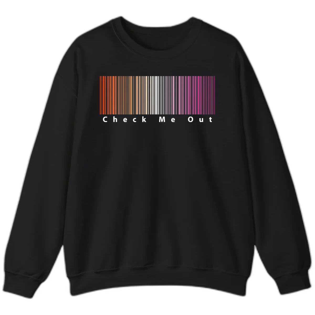 Check me out pride design with vertical rainbow gradient stripes transitioning from red to magenta with bold white text in Black