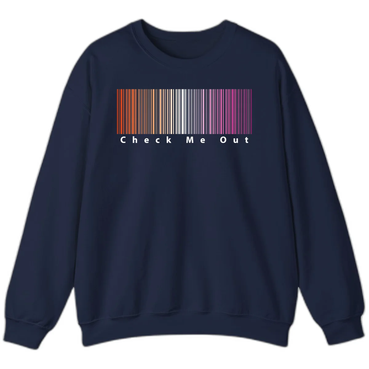 Check me out pride design with vertical rainbow gradient stripes transitioning from red to magenta with bold white text in Navy