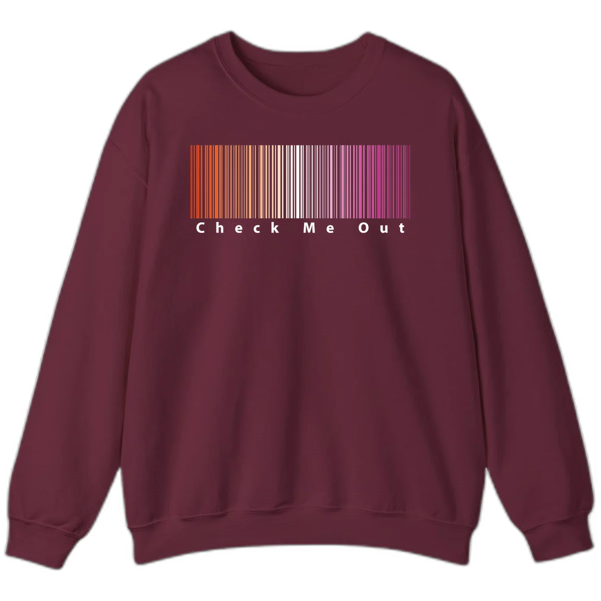 Check me out pride design with vertical rainbow gradient stripes transitioning from red to magenta with bold white text in Maroon
