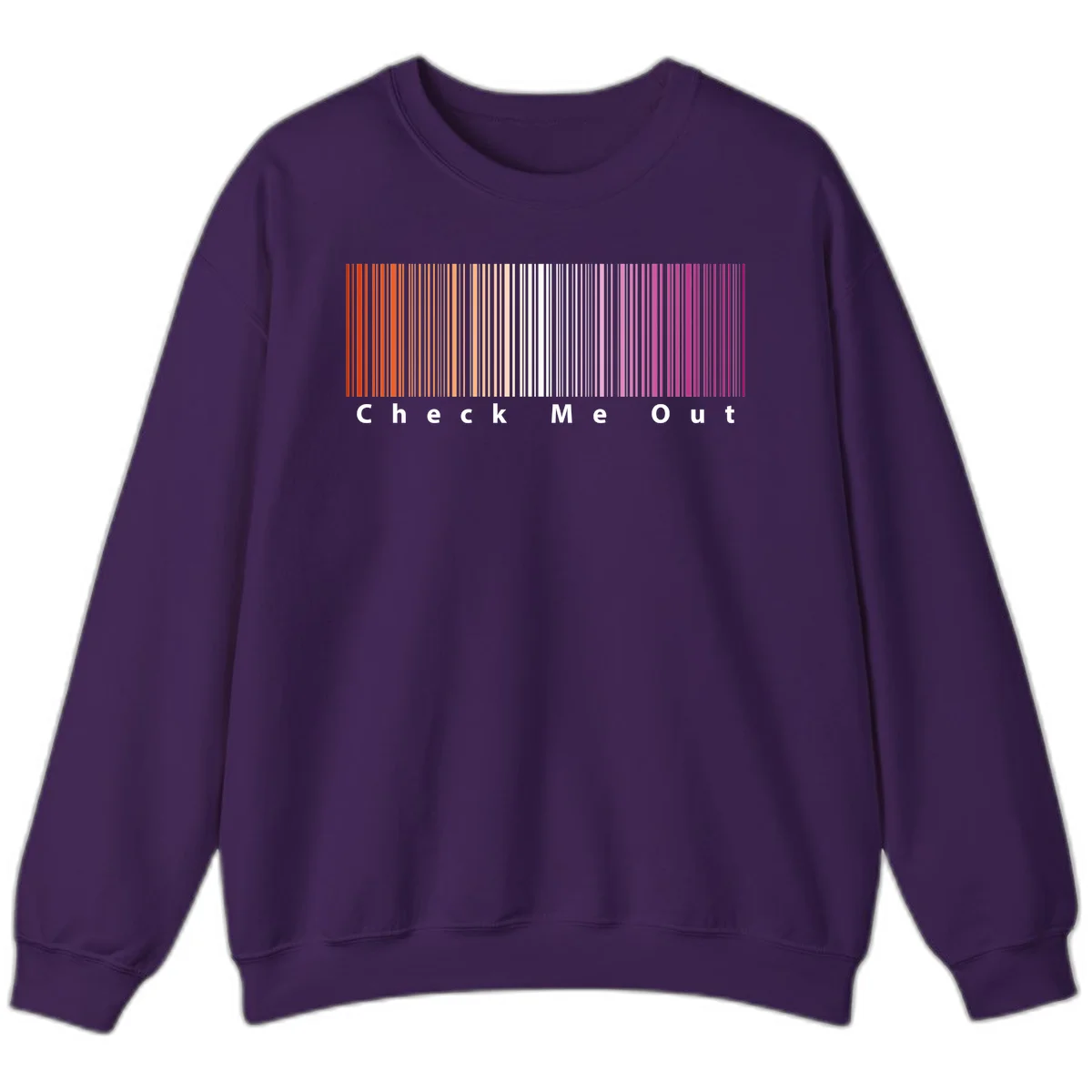 Check me out pride design with vertical rainbow gradient stripes transitioning from red to magenta with bold white text in Purple