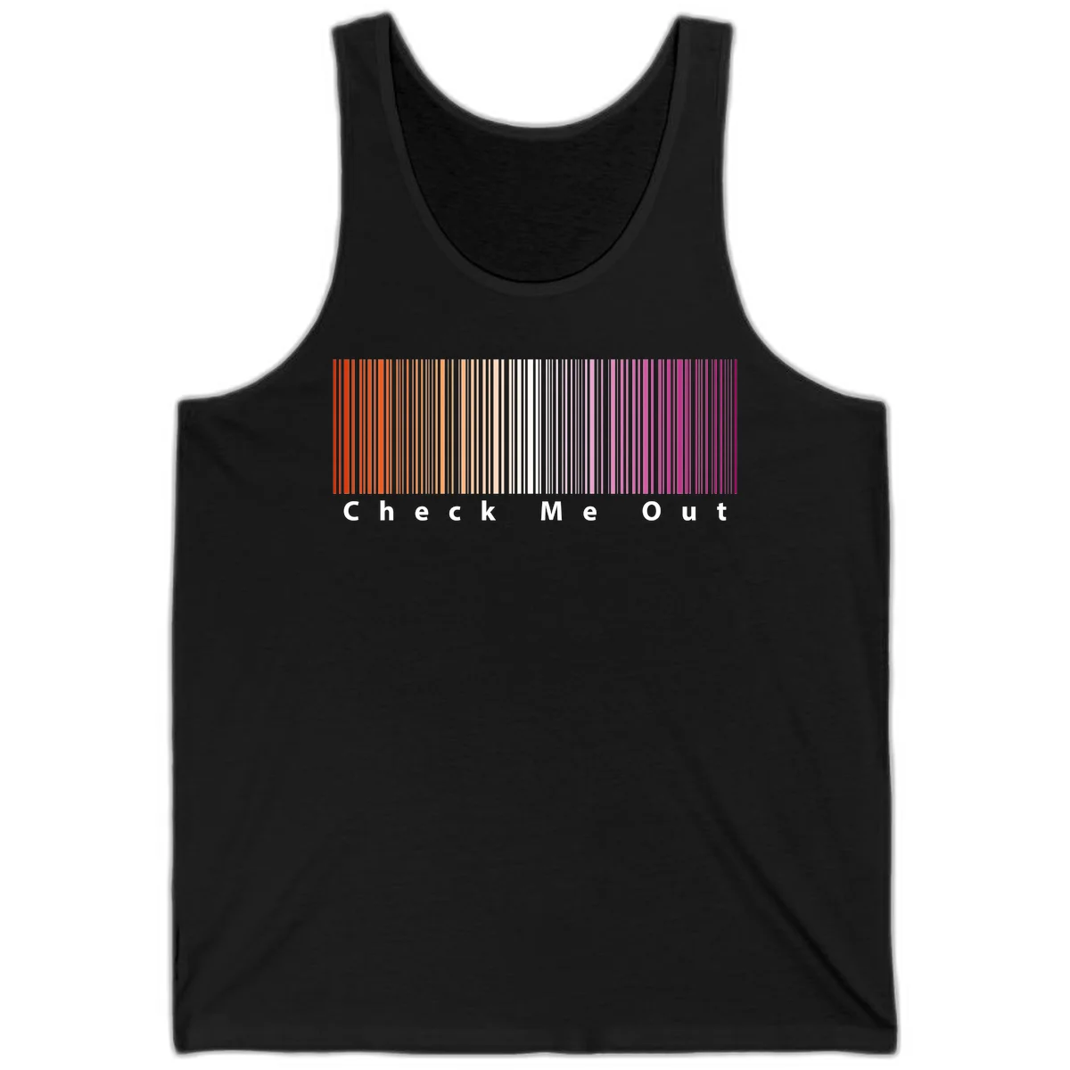 Check me out pride design with vertical rainbow gradient stripes transitioning from red to magenta with bold white text in Black