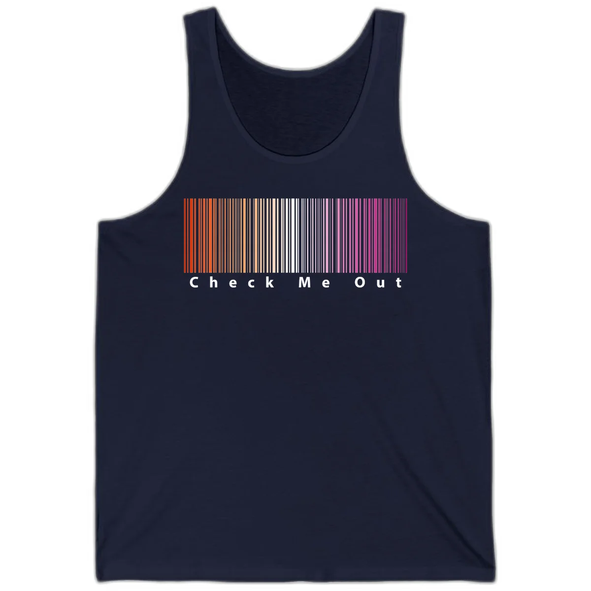 Check me out pride design with vertical rainbow gradient stripes transitioning from red to magenta with bold white text in Navy