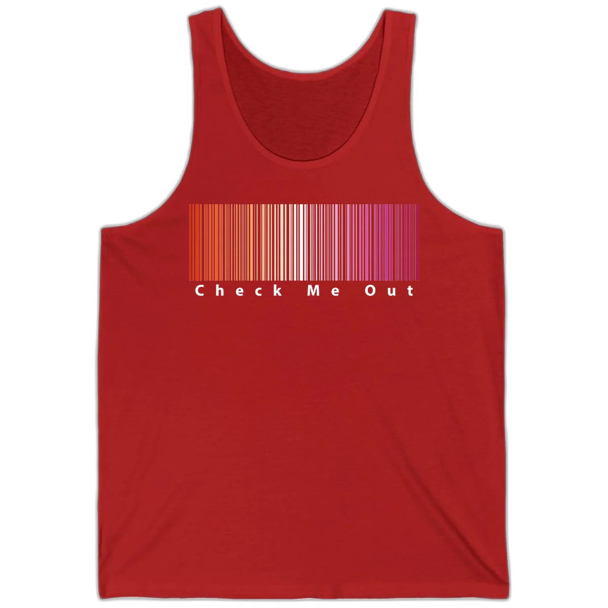 Check me out pride design with vertical rainbow gradient stripes transitioning from red to magenta with bold white text in Red