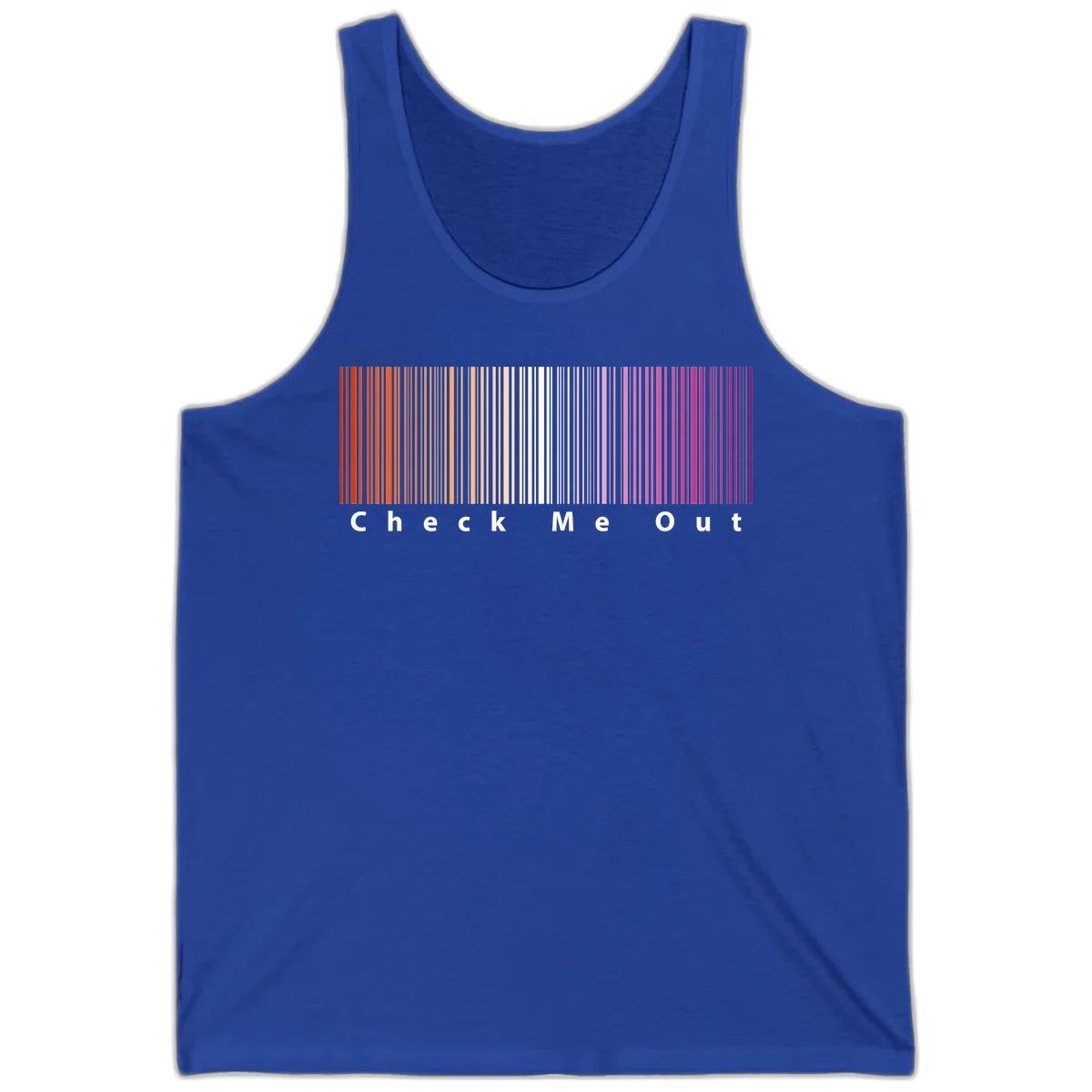 Check me out pride design with vertical rainbow gradient stripes transitioning from red to magenta with bold white text in True Royal