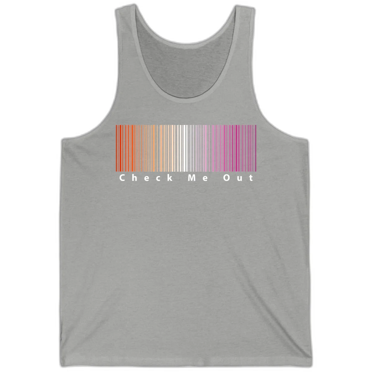Check me out pride design with vertical rainbow gradient stripes transitioning from red to magenta with bold white text in Athletic Heather
