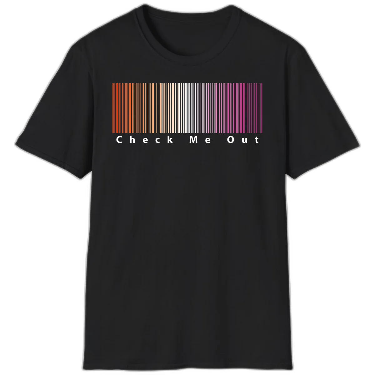 Check me out pride design with vertical rainbow gradient stripes transitioning from red to magenta with bold white text in Black