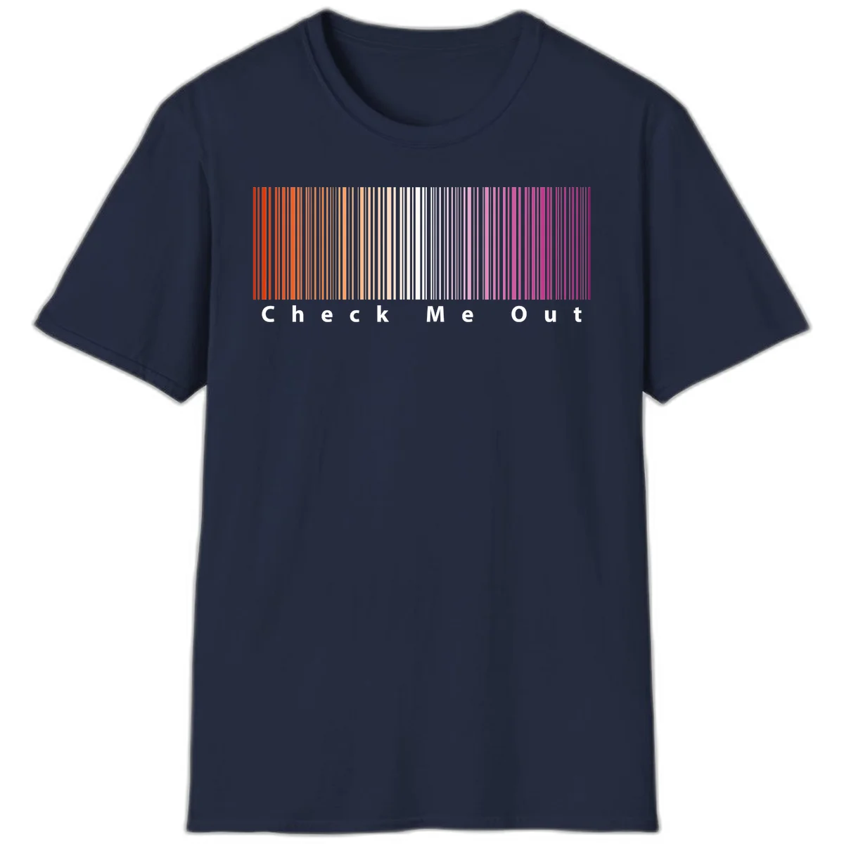 Check me out pride design with vertical rainbow gradient stripes transitioning from red to magenta with bold white text in Navy