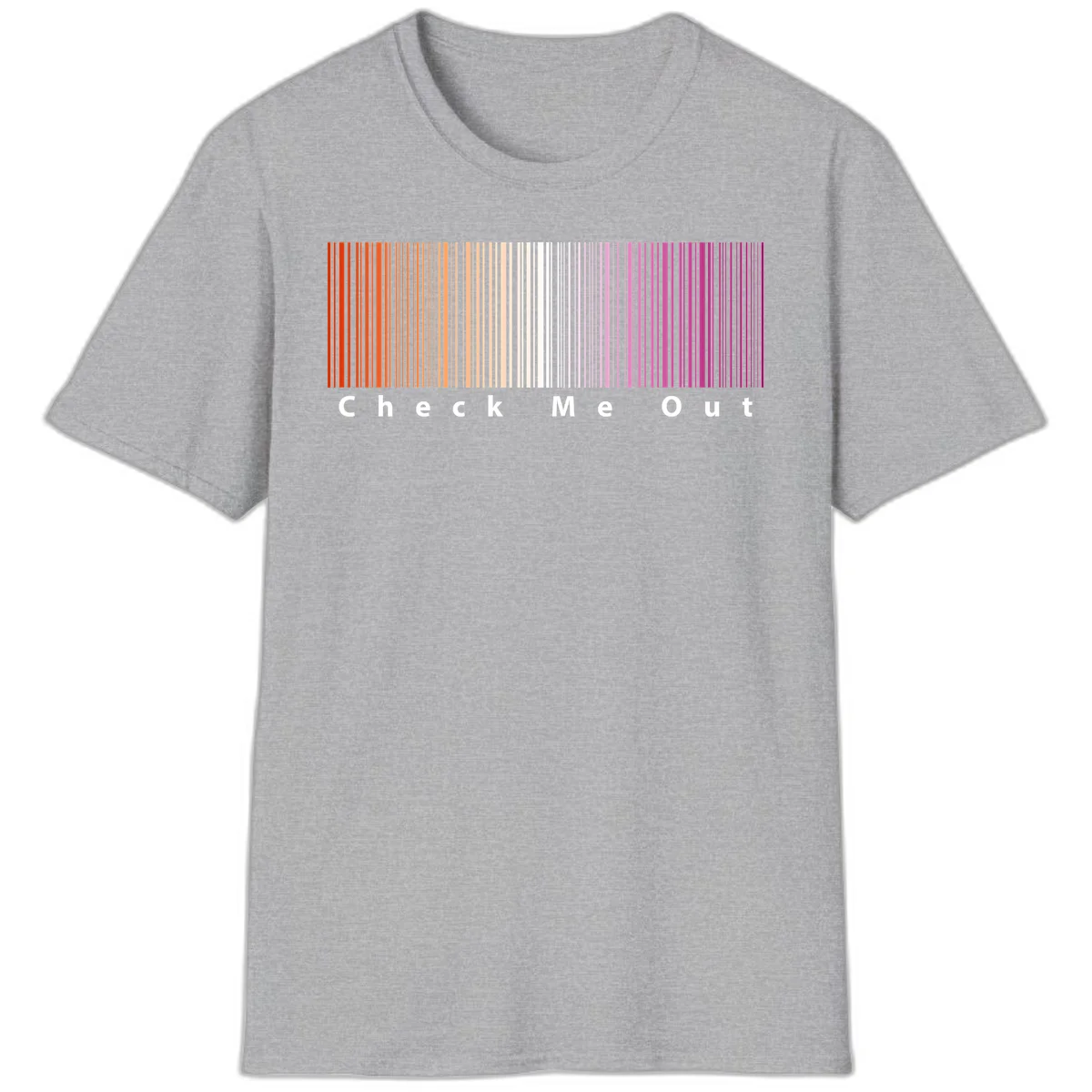 Check me out pride design with vertical rainbow gradient stripes transitioning from red to magenta with bold white text in Sport Grey