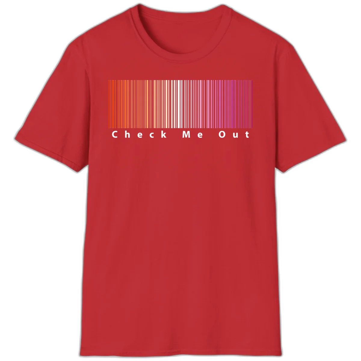 Check me out pride design with vertical rainbow gradient stripes transitioning from red to magenta with bold white text in Red