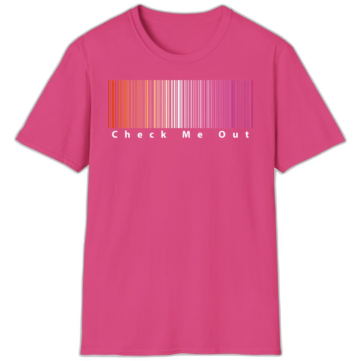Check me out pride design with vertical rainbow gradient stripes transitioning from red to magenta with bold white text in Heliconia