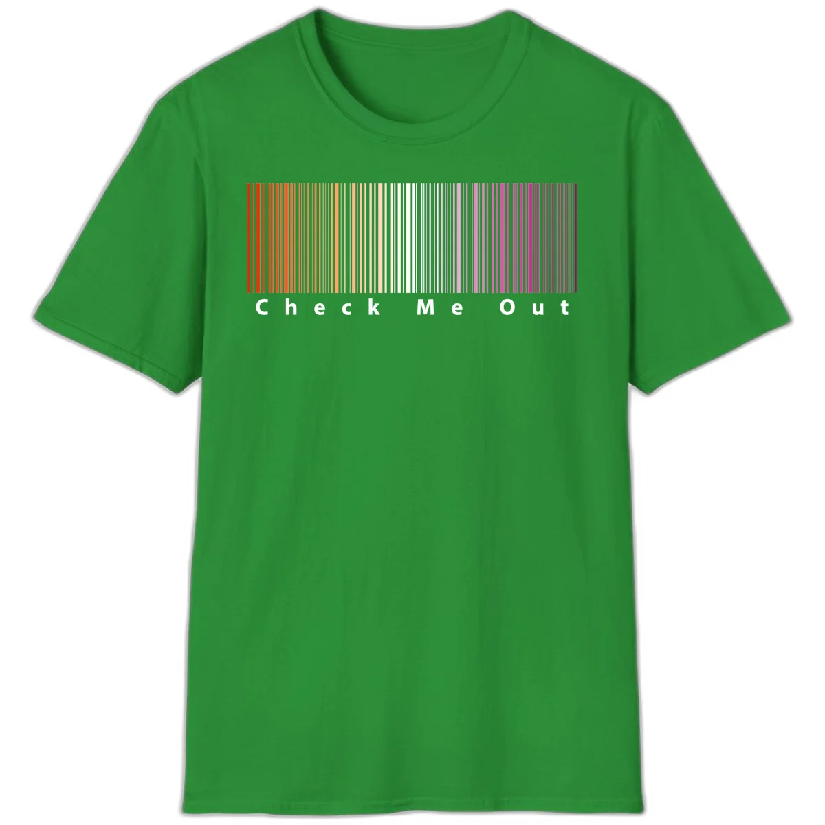 Check me out pride design with vertical rainbow gradient stripes transitioning from red to magenta with bold white text in Irish Green