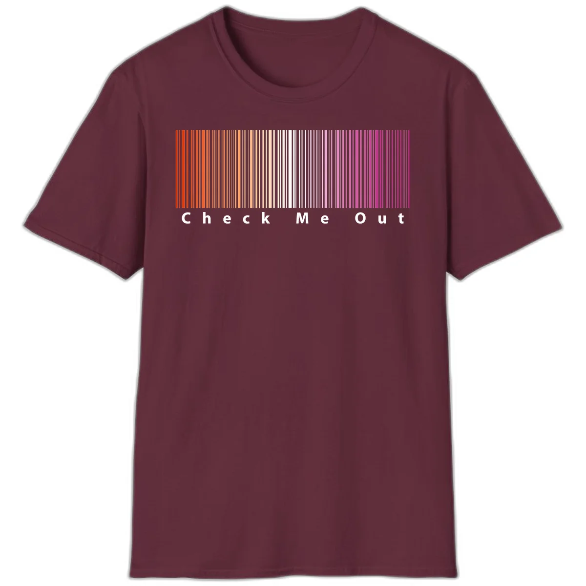 Check me out pride design with vertical rainbow gradient stripes transitioning from red to magenta with bold white text in Maroon