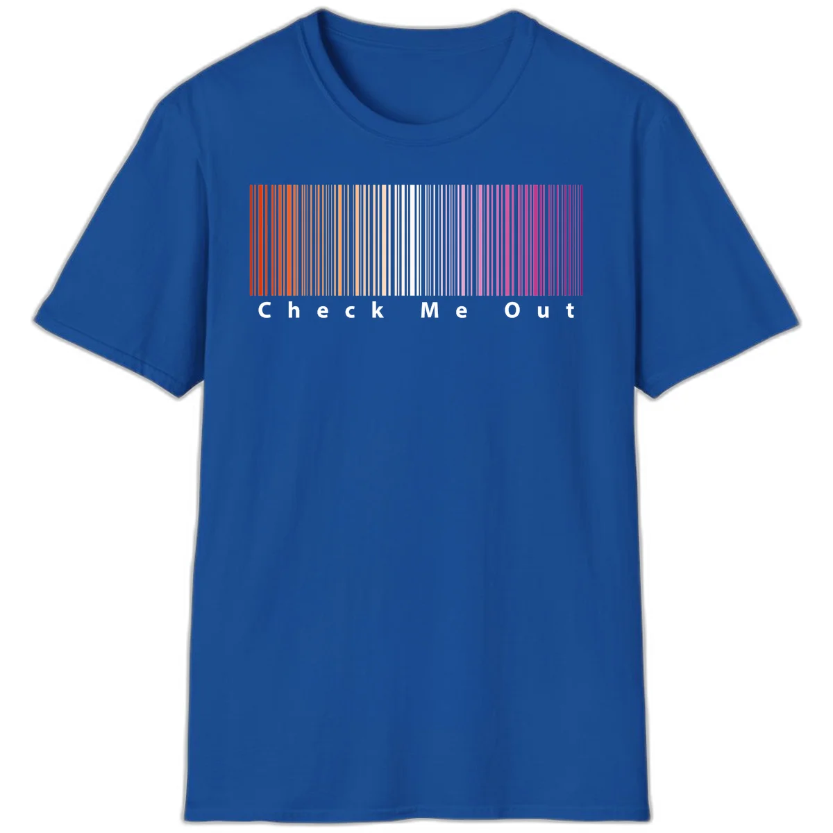 Check me out pride design with vertical rainbow gradient stripes transitioning from red to magenta with bold white text in Royal