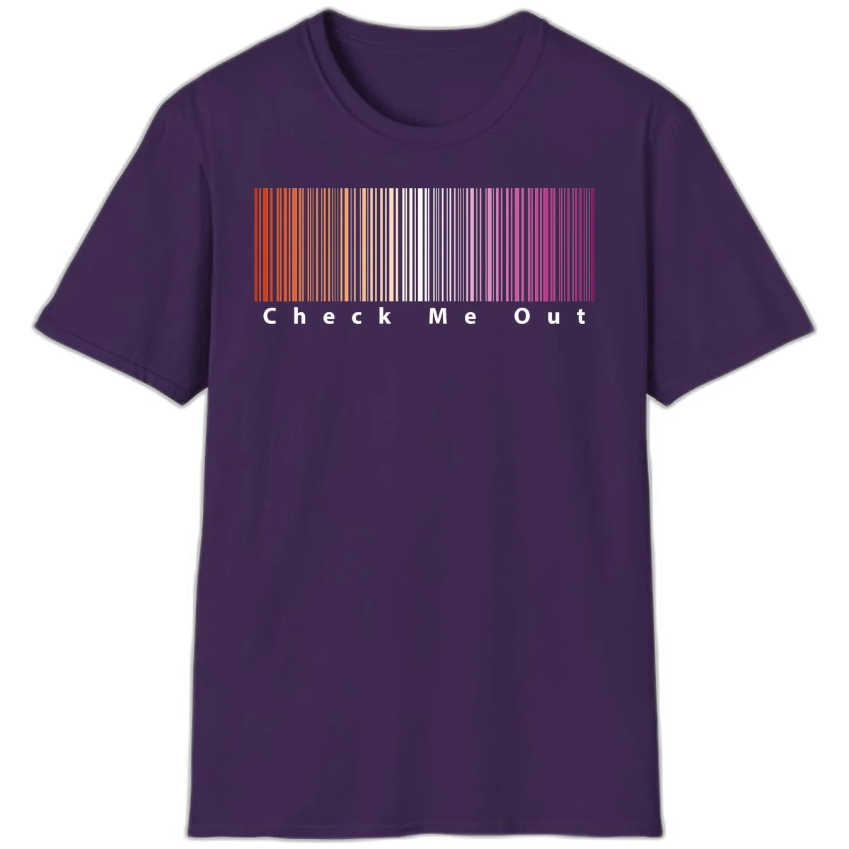 Check me out pride design with vertical rainbow gradient stripes transitioning from red to magenta with bold white text in Purple
