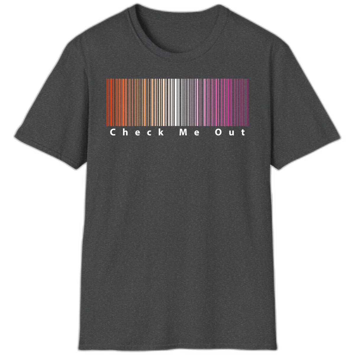 Check me out pride design with vertical rainbow gradient stripes transitioning from red to magenta with bold white text in Dark Heather
