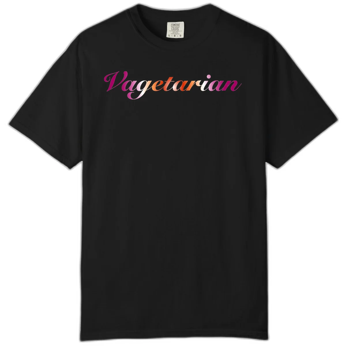 Colorful 'Vegetarian' text in flowing script with magenta, pink, and orange lettering on gray background in Black