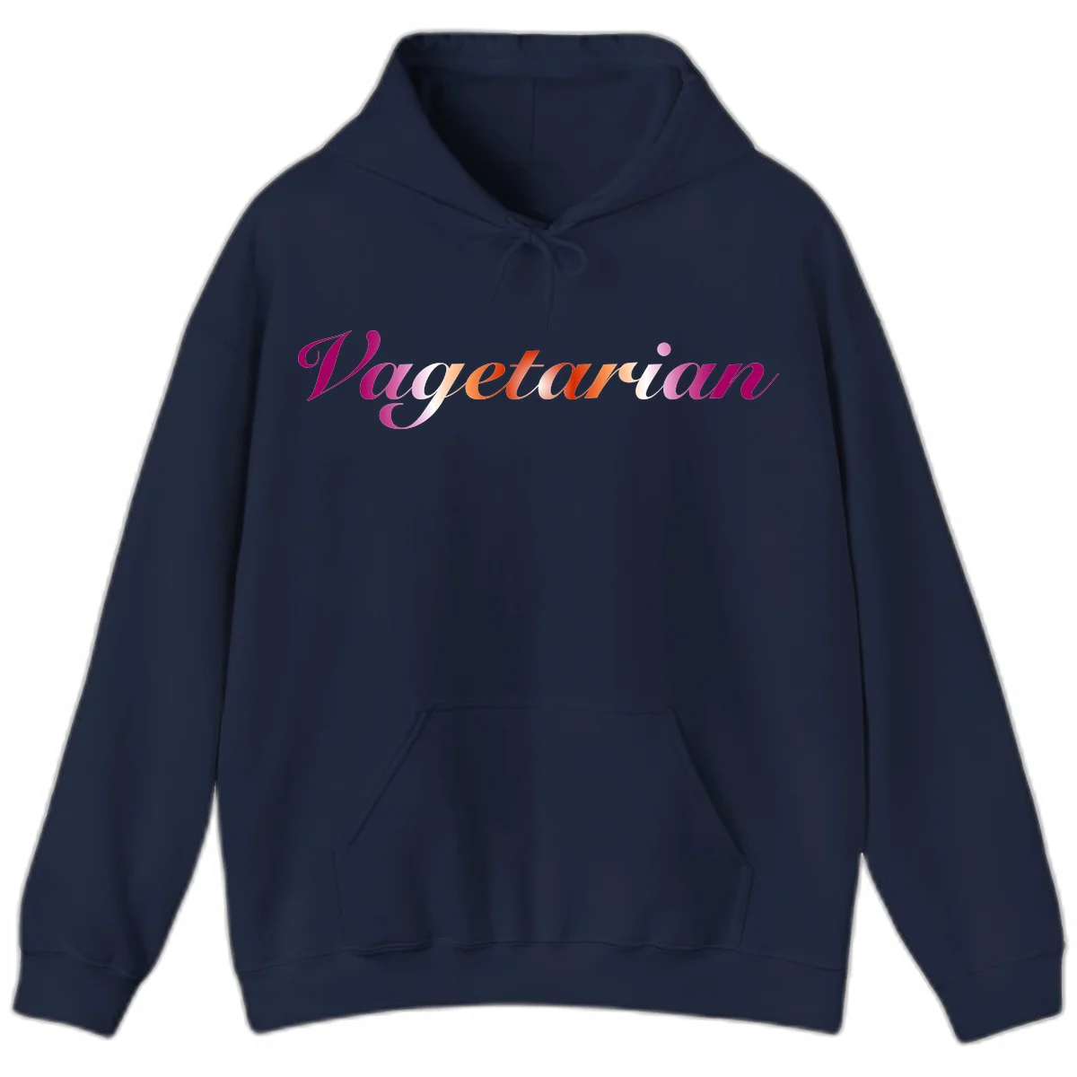 Colorful 'Vegetarian' text in flowing script with magenta, pink, and orange lettering on gray background in Navy