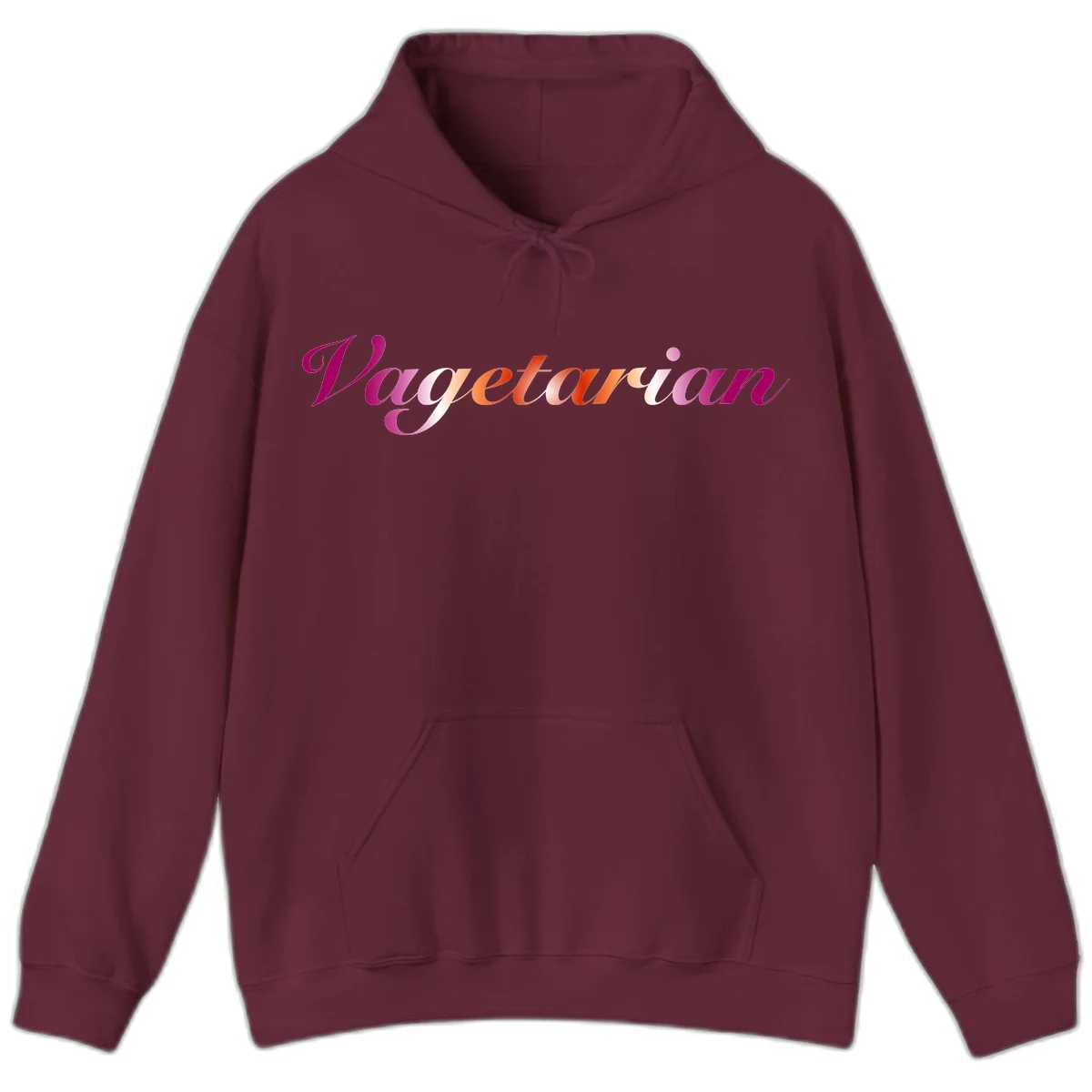 Colorful 'Vegetarian' text in flowing script with magenta, pink, and orange lettering on gray background in Maroon